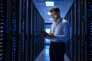 STIG remediation specialist reviewing DISA compliance status in a secure data center